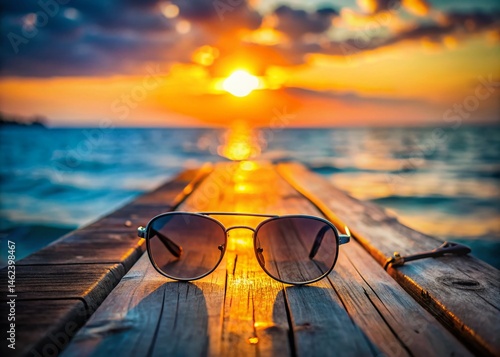Stylish Sunglasses Resting on Wooden Pier with Bokeh Background