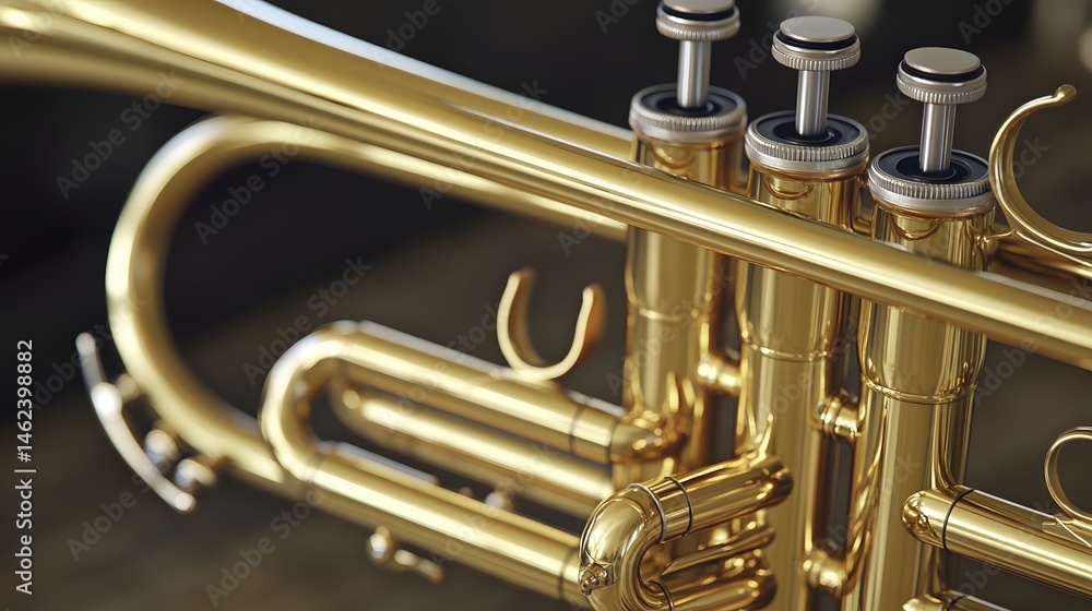 Fototapeta premium Polished brass trumpet instrument close-up details.