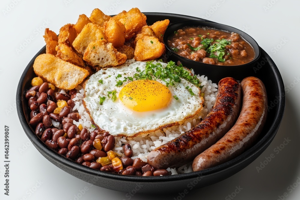 Hearty breakfast bowl with fried egg, rice, beans, corn, sausages, and crispy potatoes Hearty breakfast bowl with fried egg, rice, beans, corn, sausages, and crispy potatoes