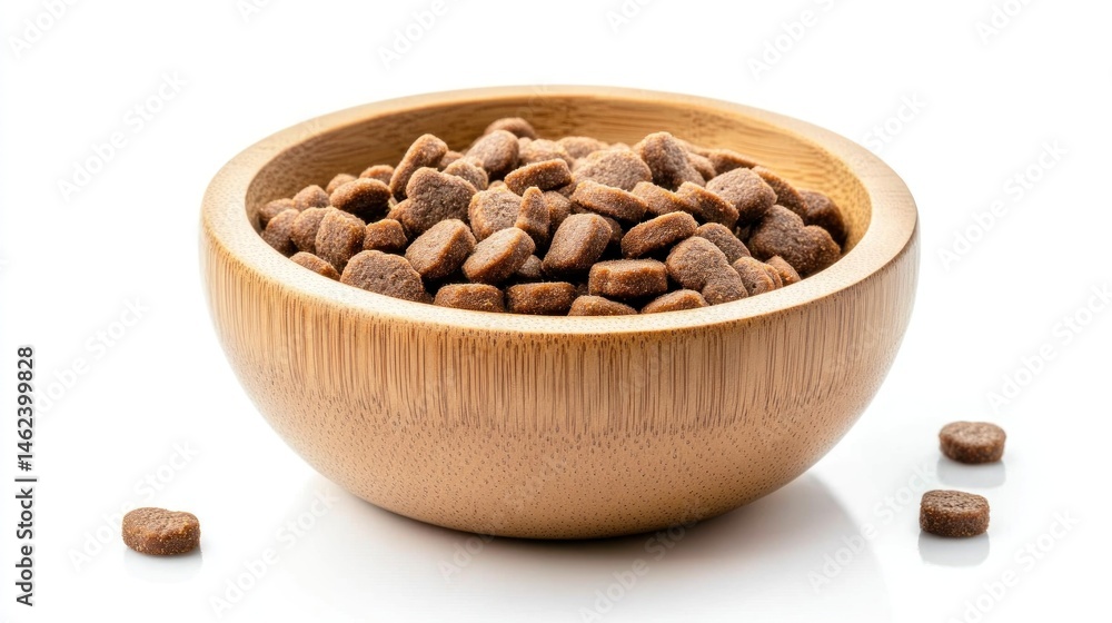 Fototapeta premium Brown dog food kibble in a wooden bowl