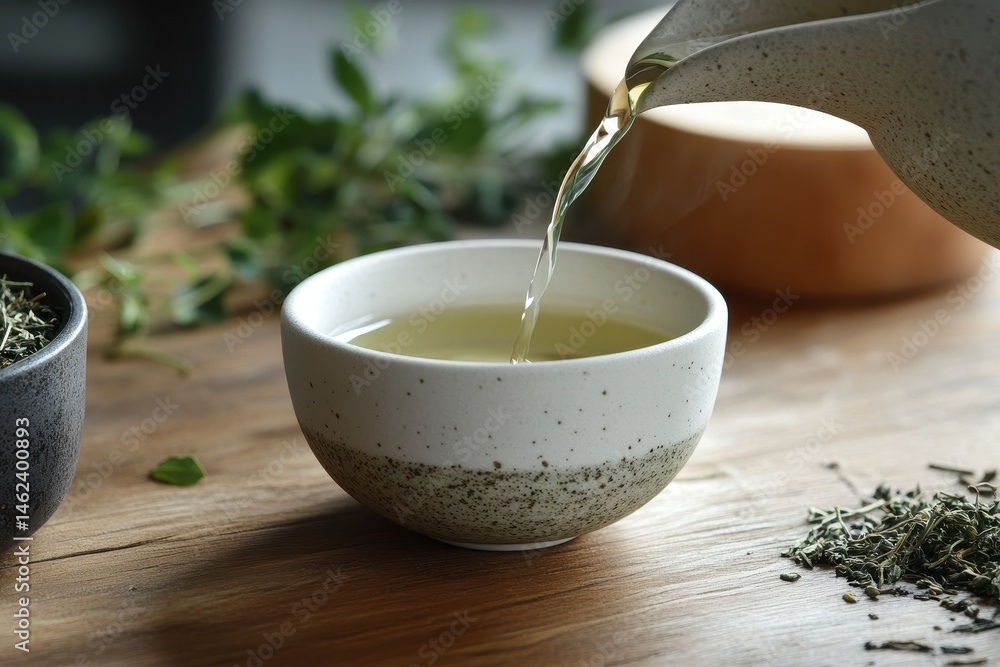 Herbal tea being poured into a small bowl. Fresh herbs and loose leaf tea visible on a wooden table Herbal tea being poured into a small bowl. Fresh herbs and loose leaf tea visible on a wooden table