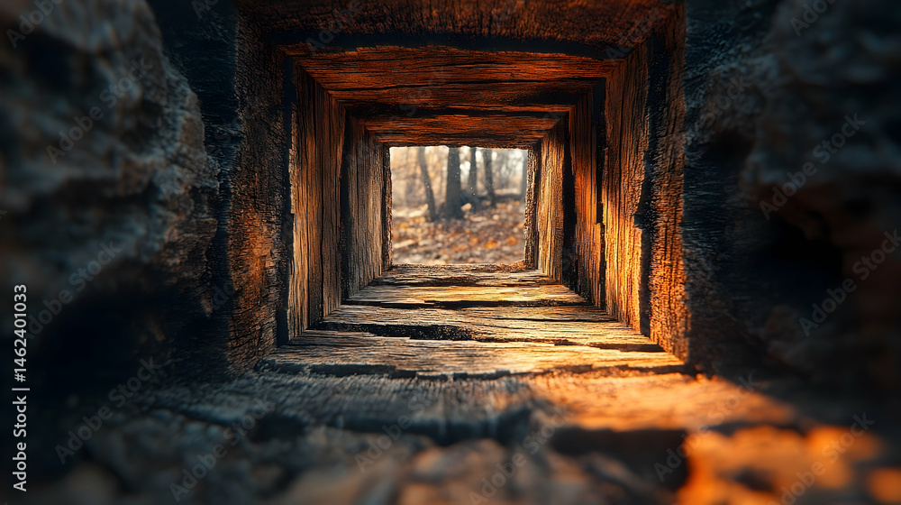 Fototapeta premium Wooden tunnel perspective view of forest.
