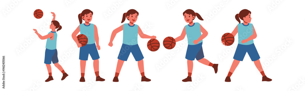 A young woman practicing basketball skills in various action poses A young woman practicing basketball skills in various action poses