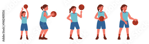A young female basketball player practicing different moves and poses