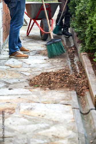 A gardener working in a summer garden, sweeping a path with a broom and cleaning up soil from plants