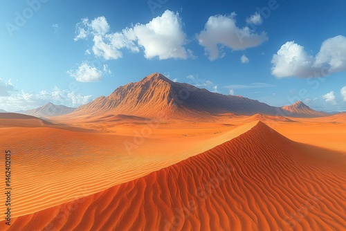 Vast Desert Landscape With Towering Sand Dunes and Dramatic Clouds Under a Clear Blue Sky at Midday