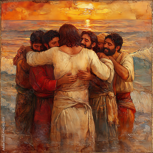 Peter wrapping his arms around Jesus with gratitude, disciples cheering near the overflowing net, waves lapping at the sand, sunrise glow,  soft royal hues of red, gold, and ivory.