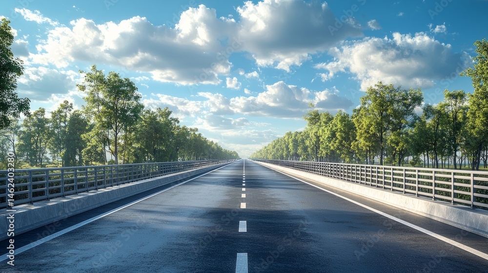 Fototapeta premium Wide empty highway surrounded by greenery under blue sky perfect for transportation marketing, infrastructure visuals, or road safety campaigns