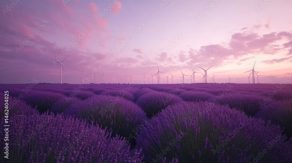 Fototapeta premium Serene sunset over a lavender field with wind turbines in the distance