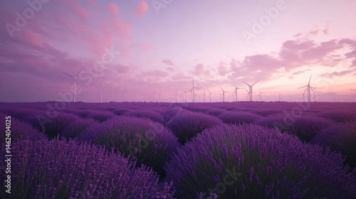 Serene sunset over a lavender field with wind turbines in the distance