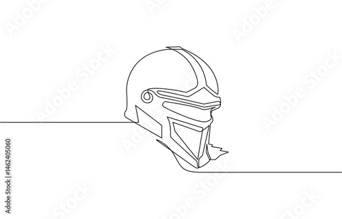 Continuous one line drawing of roman warrior helmet mask, Knight helmet isolated on white background. Line art helmet. One line continuous vector illustration.
