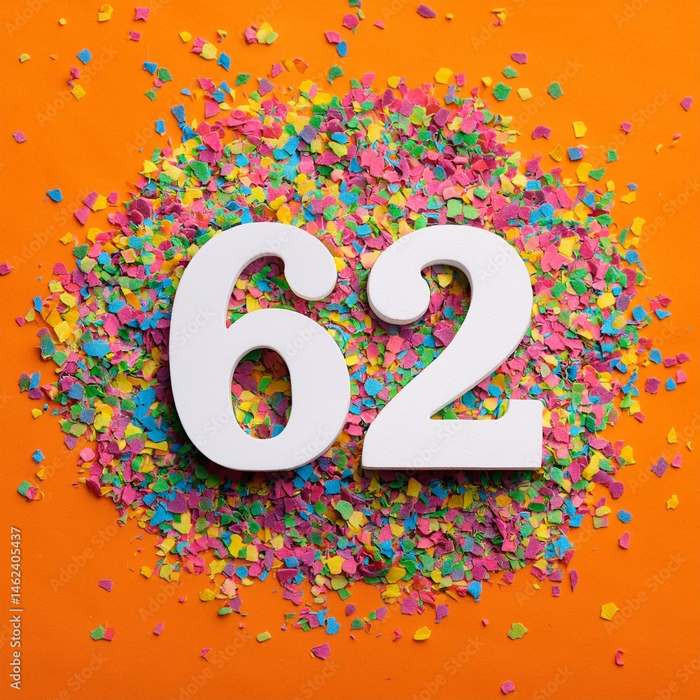 Number 62 with confetti. Photo for sixty-second birthday or anniversary party Number 62 with confetti. Photo for sixty-second birthday or anniversary party