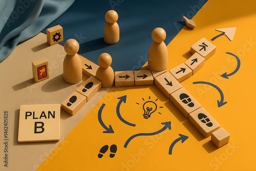 Conceptual flat lay with colored dominoes and wooden cubes showing strategic redirection and Plan B, abstract wooden figures choosing alternate path, carved icons symbolizing adaptability, decision.