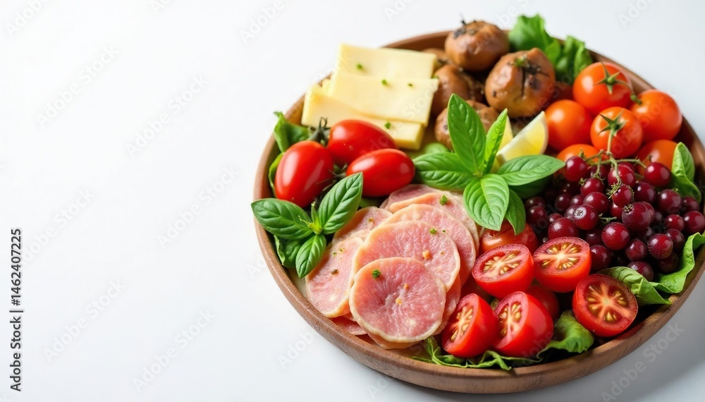Artistically arranged Italian antipasto platter, white backdrop, salami, antipasto Artistically arranged Italian antipasto platter, white backdrop, salami, antipasto
