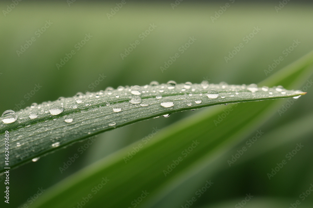Obraz premium Close-up view of dew drops resting on green leaves in early morning light