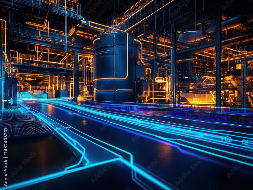 Fototapeta premium Glowing lines in futuristic industrial plant