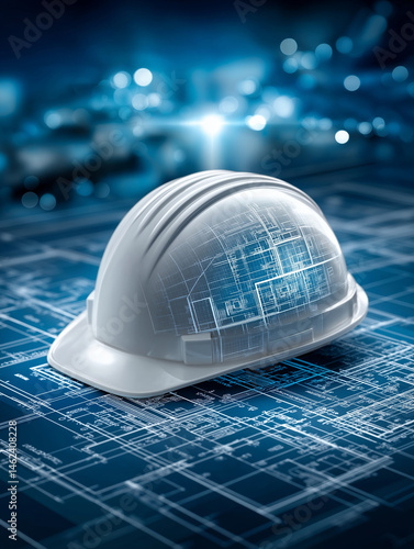 Hard Hat Blueprint: A white hard hat rests on detailed blueprints, symbolizing construction, engineering, and meticulous planning.