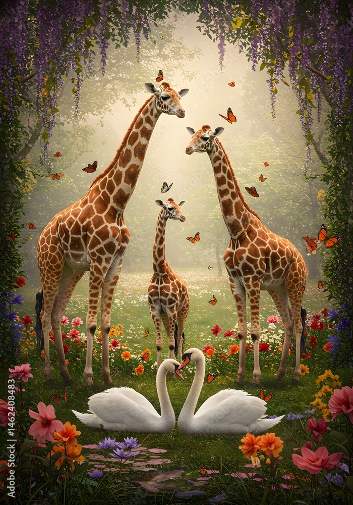 Fototapeta premium Giraffes and swans in floral garden