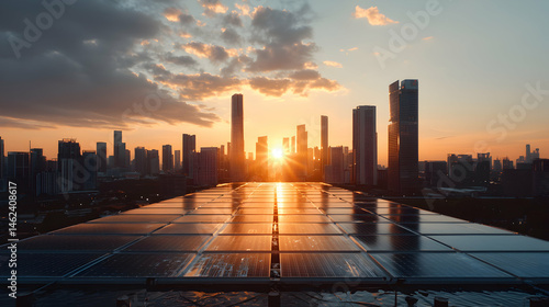 Cityscape at sunset featuring solar panels. Suggests sustainable energy for urban environments promoting eco-friendliness and reduced carbon footprint.