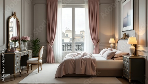 A Parisian-chic bedroom showcases elegance with moldings, a tufted bed, plush linens, vintage accents, soft drapes, a chandelier, neutral tones, gilded mirrors, fresh flowers, and rooftop views