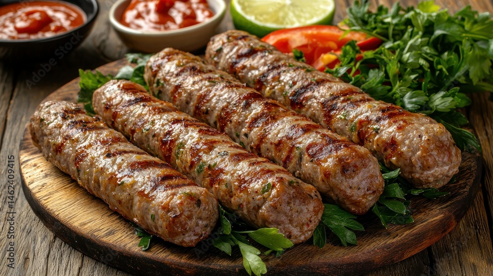 Grilled Meat Kebabs on Wooden Board Grilled Meat Kebabs on Wooden Board