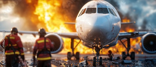 A team of emergency responders working to pull victims from the wreckage of a burning airplane accident.