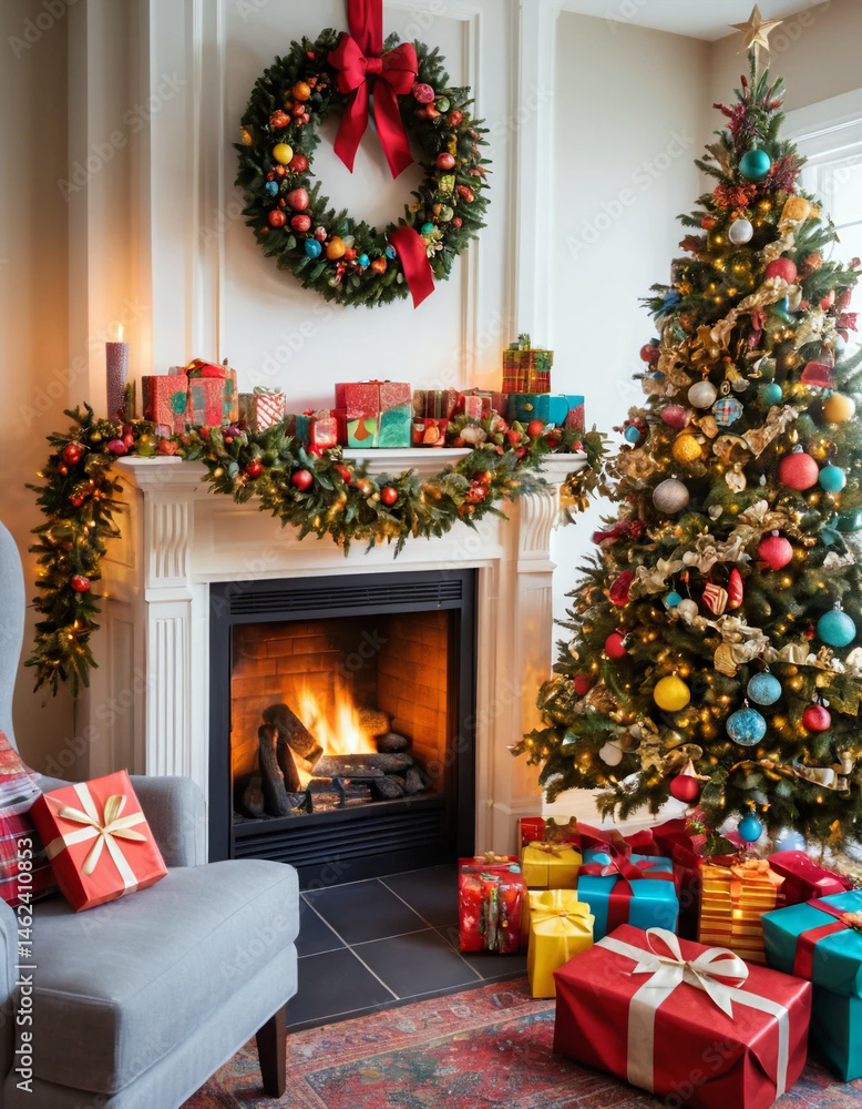 Cozy Christmas Living Room with Fireplace, Decorated Tree, and Colorful Wrapped Gifts Celebrating Holiday Spirit and Warm Festive Atmosphere — Generative AI Cozy Christmas Living Room with Fireplace, Decorated Tree, and Colorful Wrapped Gifts Celebrating Holiday Spirit and Warm Festive Atmosphere — Generative AI