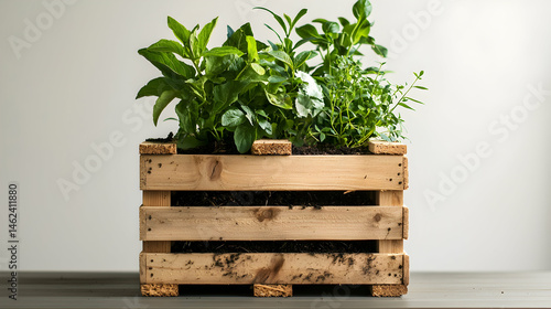 A wooden planter box overflowing with various green herbs. Ideal for small balcony or patio gardens. Enjoy fresh herbs easily at home.