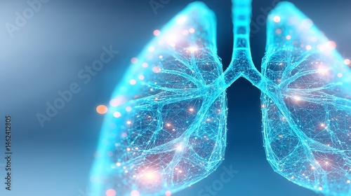 Digital illustration of human lungs with glowing connections and structures.