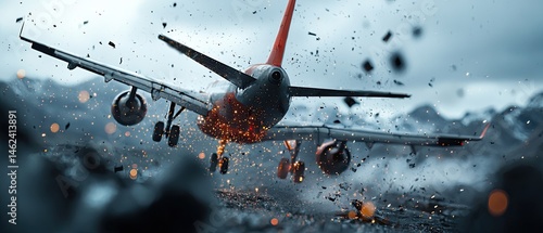 A surreal, dreamlike scene of an aircraft slowly disintegrating and breaking apart in the sky, creating an eerie and ominous atmosphere.