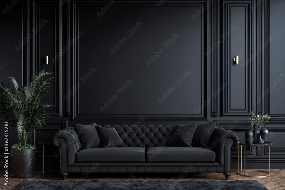 Elegant design of a dark room with sophisticated black tones. Elegant design of a dark room with sophisticated black tones.