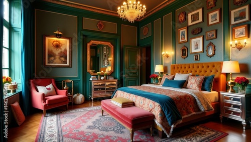 A maximalist bedroom filled with a bold and lush green tufted headboard, bright floral bedding, ornate wallpaper, chandelier, framed artwork, and layers of decor create an eclectic style.