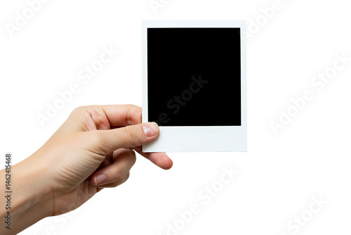 hand holding blank photo frame, A hand holds a polaroid picture isolated on transparent background 