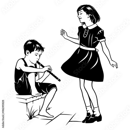 Boy playing flute for girl dancing. Kids Playing Outdoors. Black and white vector illustration. Both figures and background are separate objects.