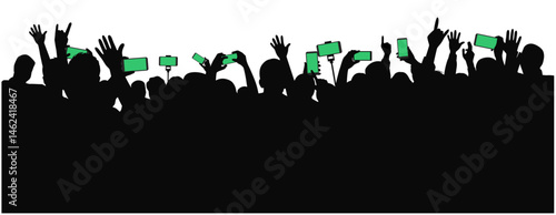 Concertgoers hold up their phones to film and take pictures, Applause crowd silhouette, cheering crowd at a concert 