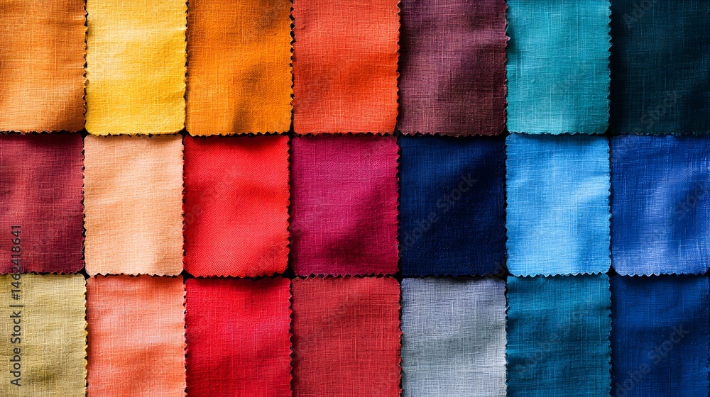 Colorful fabric swatches arranged in a grid pattern. Colorful fabric swatches arranged in a grid pattern.