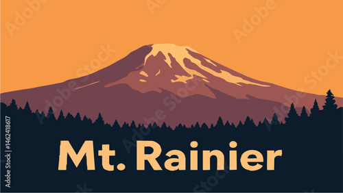 Mount Rainier majestic snow-covered peak with lush forests as a vector illustration.eps