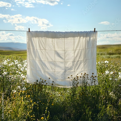 Cream quilted duvet cover hanging on clothesline in wildflower field with sunny landscape