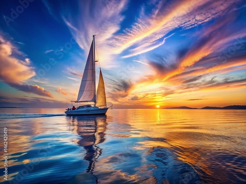 Tranquil Sailboat at Dawn: Elegant Yacht on Calm Sea, Early Morning Light