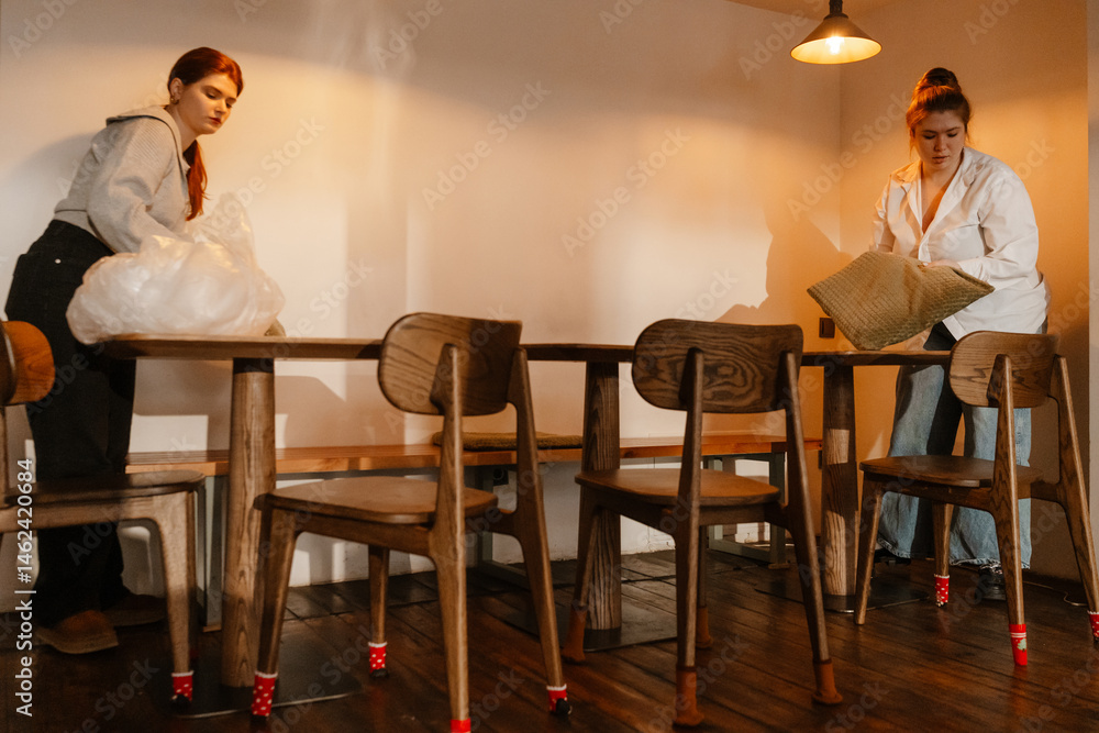 Fototapeta premium Female owner and female employee are standing at a table and holding a pillow and a bag, in a cafe
