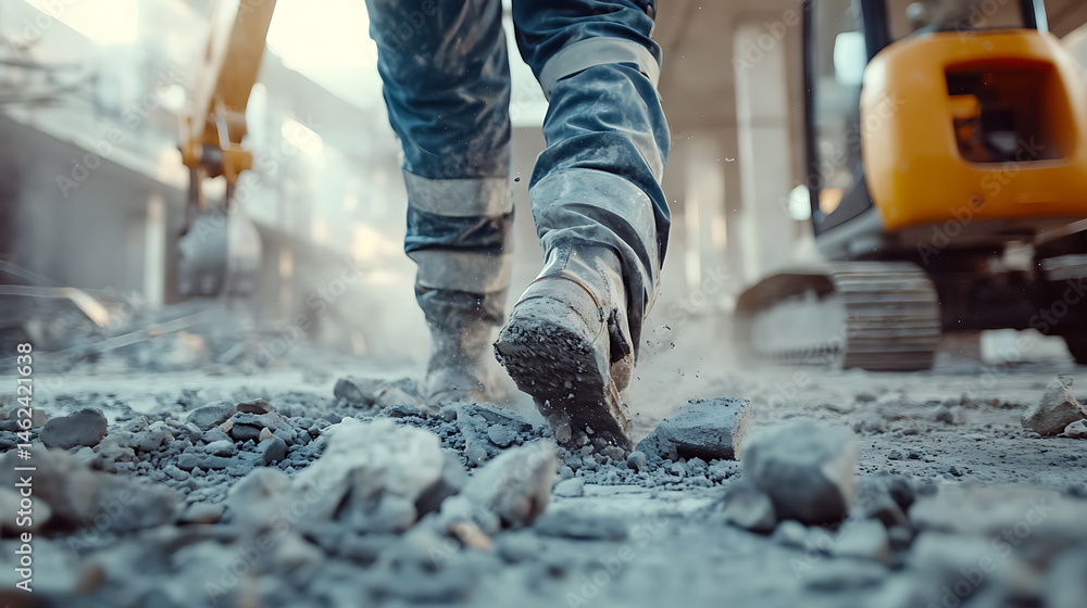 Construction Worker Walking on Debris at Site Construction Worker Walking on Debris at Site