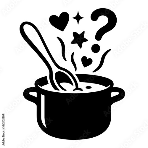 Cooking Pot with Spoon, Question Mark, Hearts, and Sparkles Illustration - Mystery Mixture