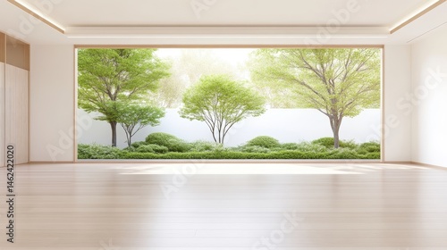 Minimalist interior with large window, showcasing a serene garden.  Tranquil, light-filled space