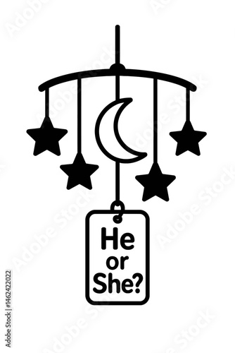 Baby Mobile with Stars, Moon, and 'He or She?' Tag Illustration - Gender Reveal
