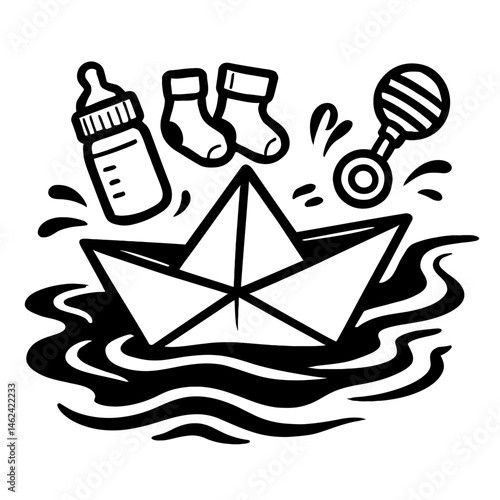 Paper Boat with Baby Items Floating on Water Illustration