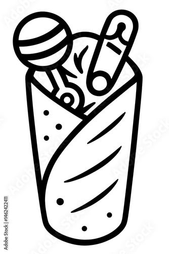 Wrapped Bundle with Baby Rattle and Safety Pin Illustration - Baby Items