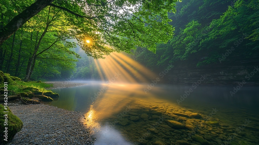 Sunlight streams through the canopy over a serene river. Sunlight streams through the canopy over a serene river.