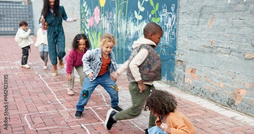 Bild auf Leinwand Hopscotch, kids and playing with outdoor game at Kindergarten for childhood development