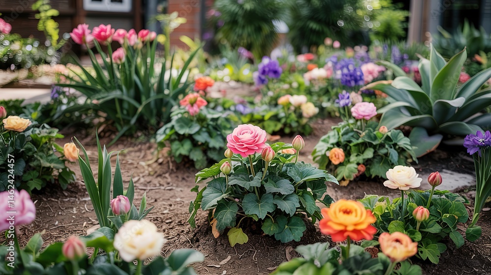 Fototapeta premium Lush Garden Displaying Vibrant Blooms of Various Colors and Text