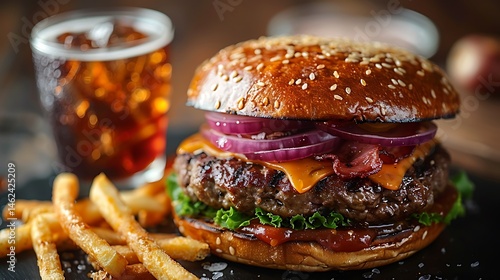 Fototapeta Naklejka Na Ścianę i Meble -  Juicy Cheeseburger Bacon Fries Soda Delicious Fast Food Meal
